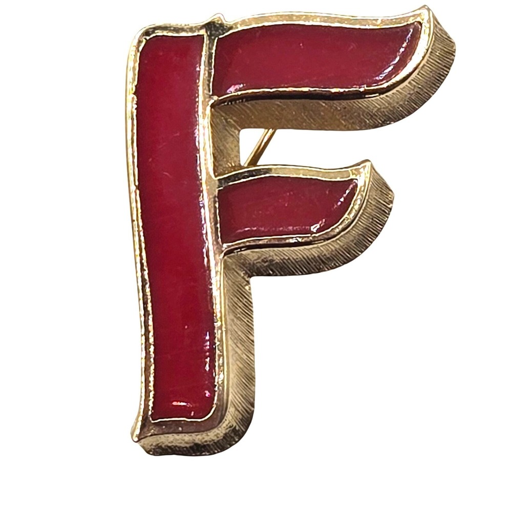 Lisner Brooch Pin Red Gold Tone‎ Initial Letter F Enamel Vintage Accessory